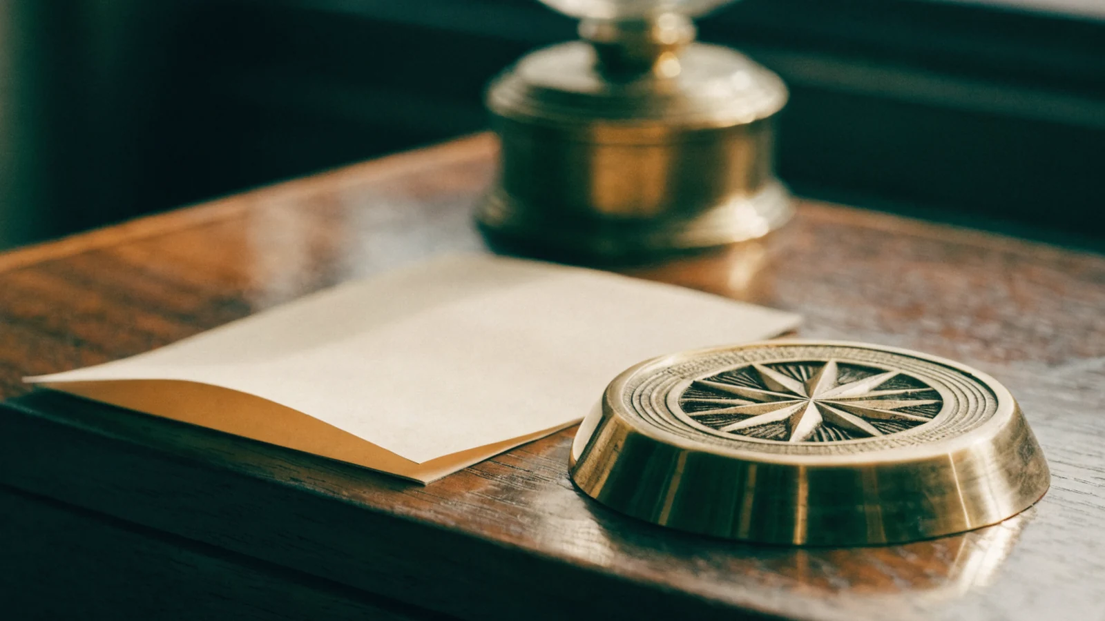 A brass compass rose paperweight resting on a dark wooden desk beside a folded plain document