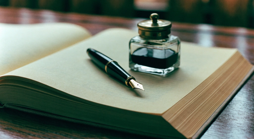 A fountain pen and a glass inkwell resting on the open blank pages of a cloth-bound register