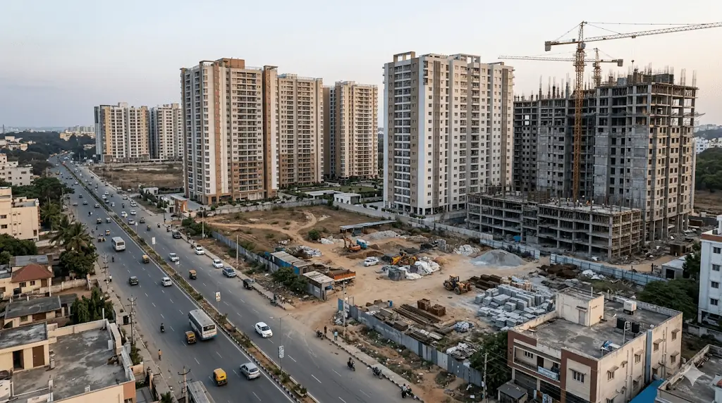 Developing residential corridor on Sarjapur Road, Bangalore, with construction underway alongside sanctioned infrastructure works