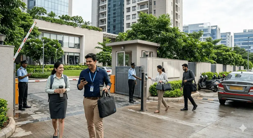 Working professionals outside an apartment complex in Bangalore, the salaried tenant base the corridor lets into