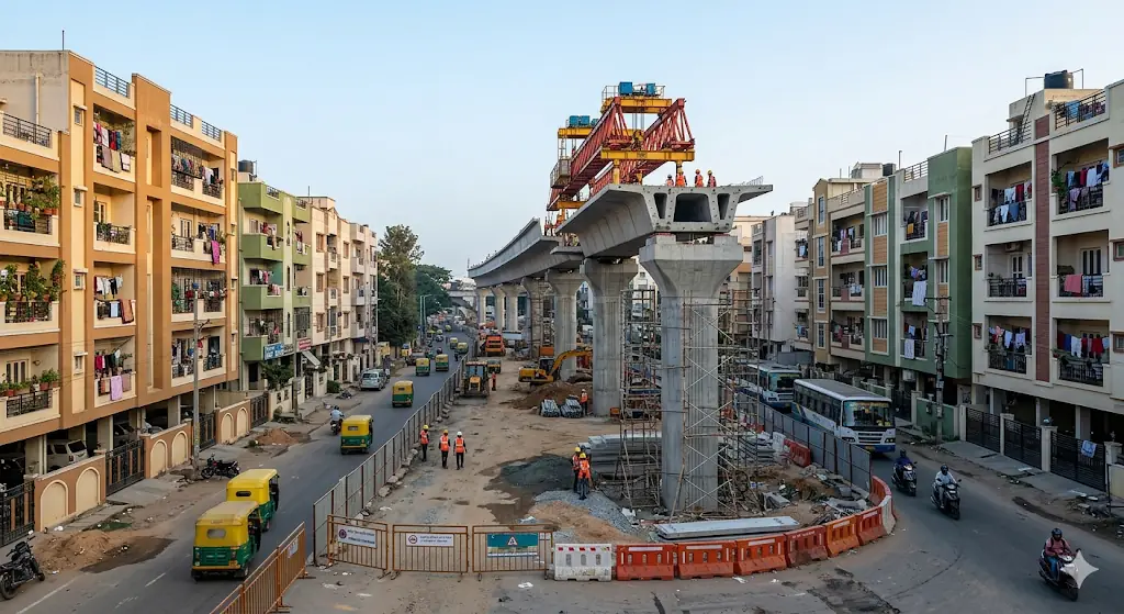 Metro and infrastructure development underway near residential apartments in Bangalore growth corridors