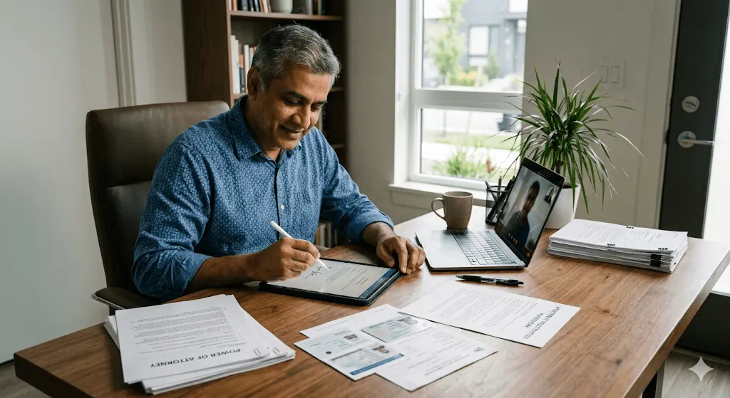 NRI buyer completing remote Indian property purchase process using Power of Attorney and digital verification systems
