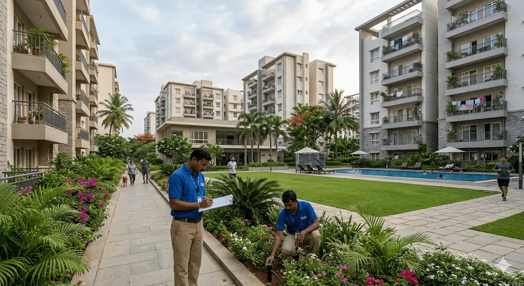 Professionally managed apartment complex in Bangalore supporting remote NRI property ownership and rental management
