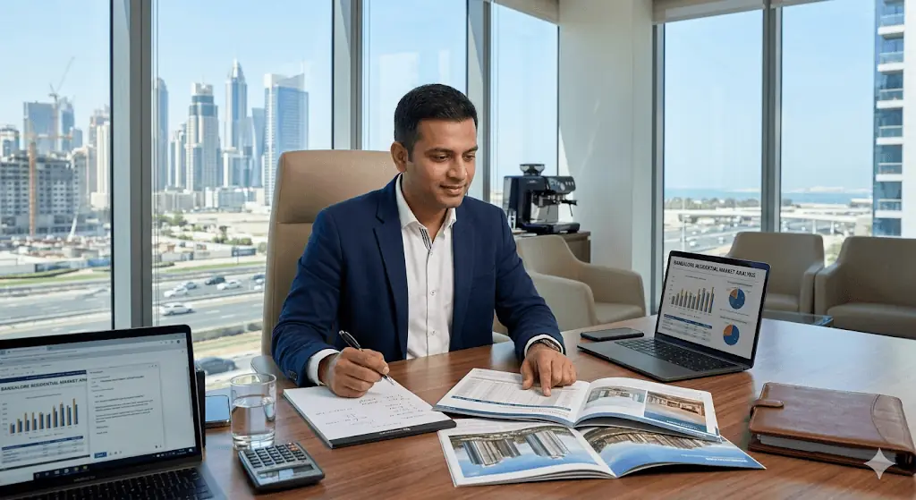 Gulf-based NRI assessing Bangalore property investments using AED purchasing power advantages and rupee depreciation trends