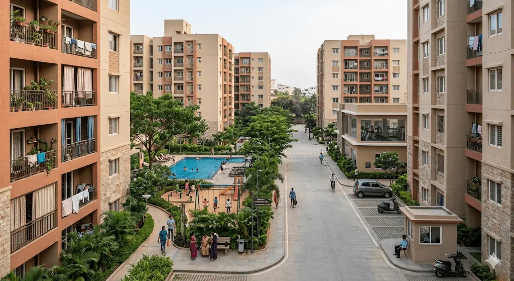 Sarjapur Road technology corridor with office campuses and residential developments supporting rental demand and NRI real estate investment