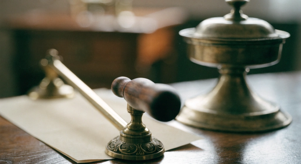 An antique brass blotter rocker with a wooden handle resting on a folded plain document beside a brass inkstand