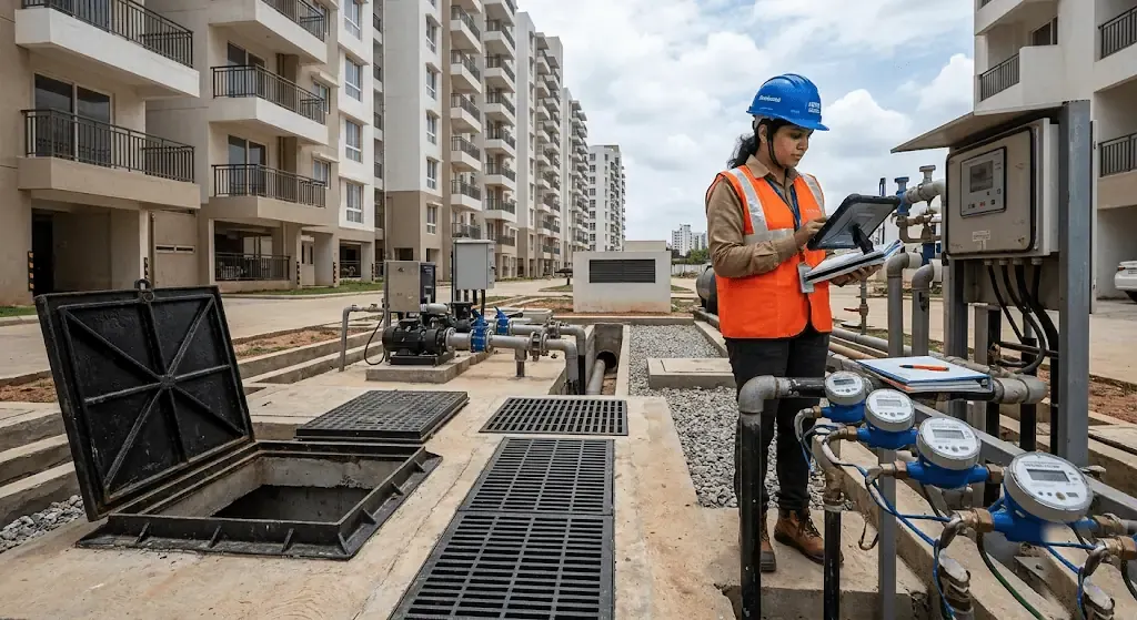 Water infrastructure audit of a Sarjapur Road apartment project including BWSSB connectivity, rainwater harvesting, and sewage treatment systems