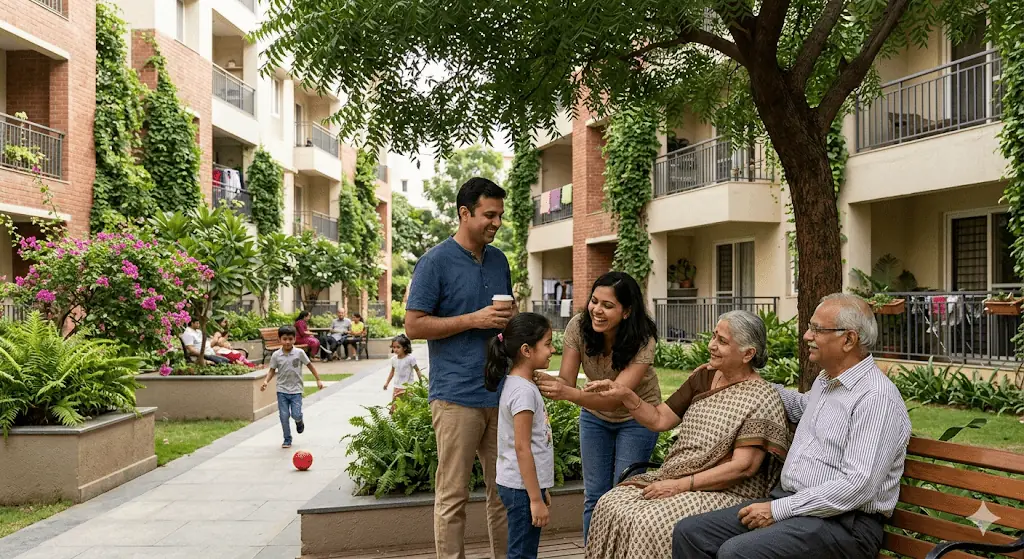 Multigenerational family using a premium Bangalore apartment community for parent accommodation, future retirement, and long-term family living