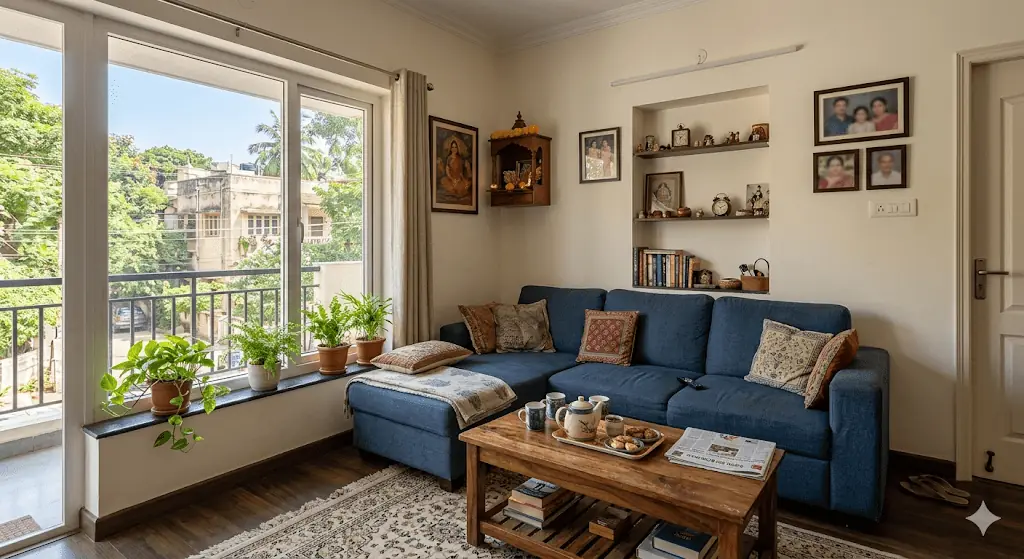 Warm apartment interior in Bangalore representing long-term NRI real estate investment and family connection to India