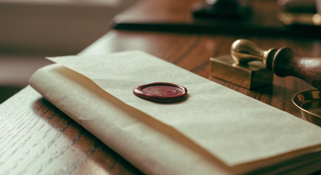 A red wax seal set on a folded document beside a brass seal matrix with a turned wooden handle