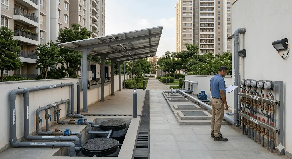 Green-rated apartment infrastructure in Bangalore featuring rainwater harvesting, solar integration, and smart utility systems that reduce long-term operating costs