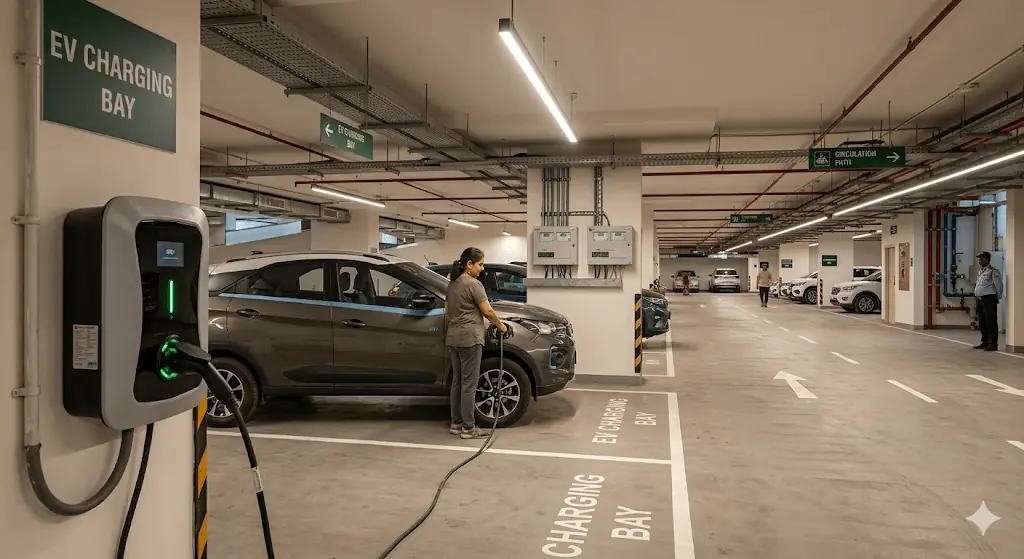 EV-ready premium apartment infrastructure in Bangalore featuring dedicated charging points, smart energy systems, and future-ready residential planning