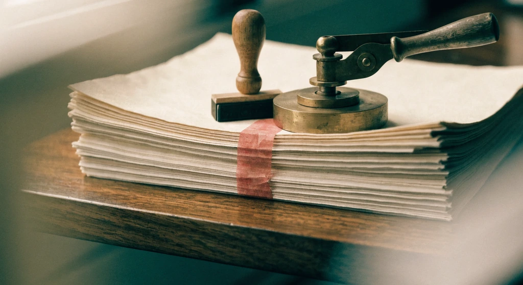 Brass document seal press and a wooden-handled stamp resting on a tied stack of blank papers