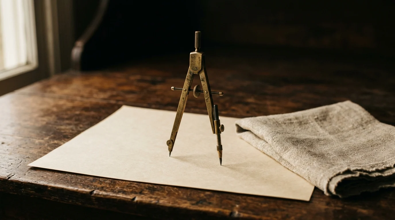 A brass drawing compass standing open on a plain unmarked sheet beside folded linen