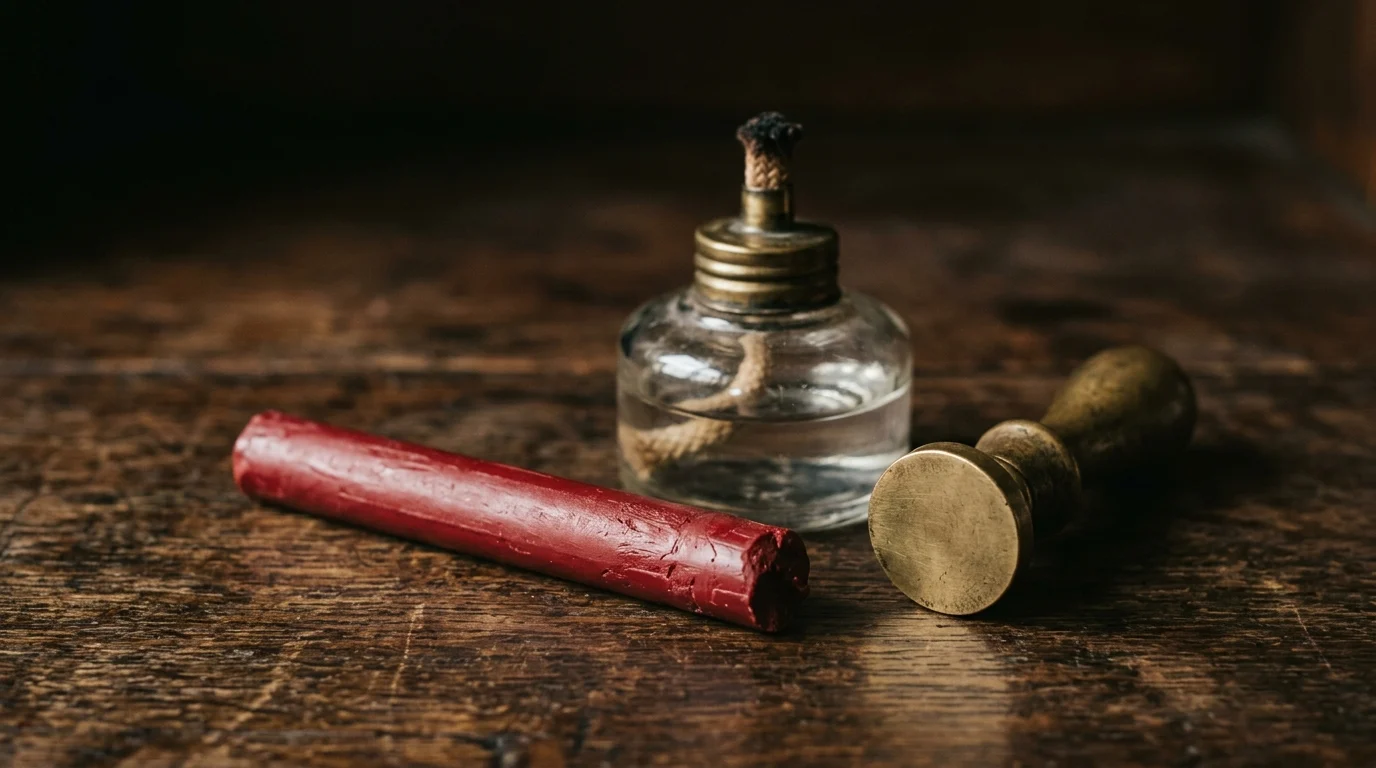 A stick of red sealing wax, a brass seal handle and an unlit spirit lamp