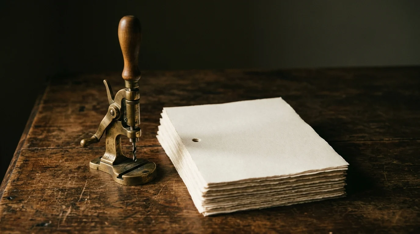 A brass paper drill beside a stack of blank sheets with a punched hole