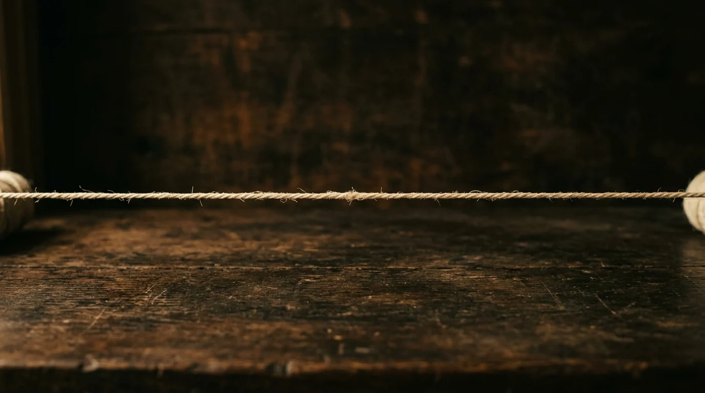 A taut length of mason's twine stretched across a dark bench dividing the frame