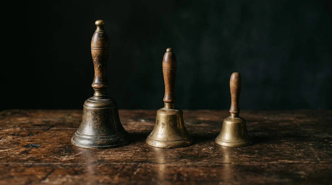 Three brass desk bells of different sizes standing in a row