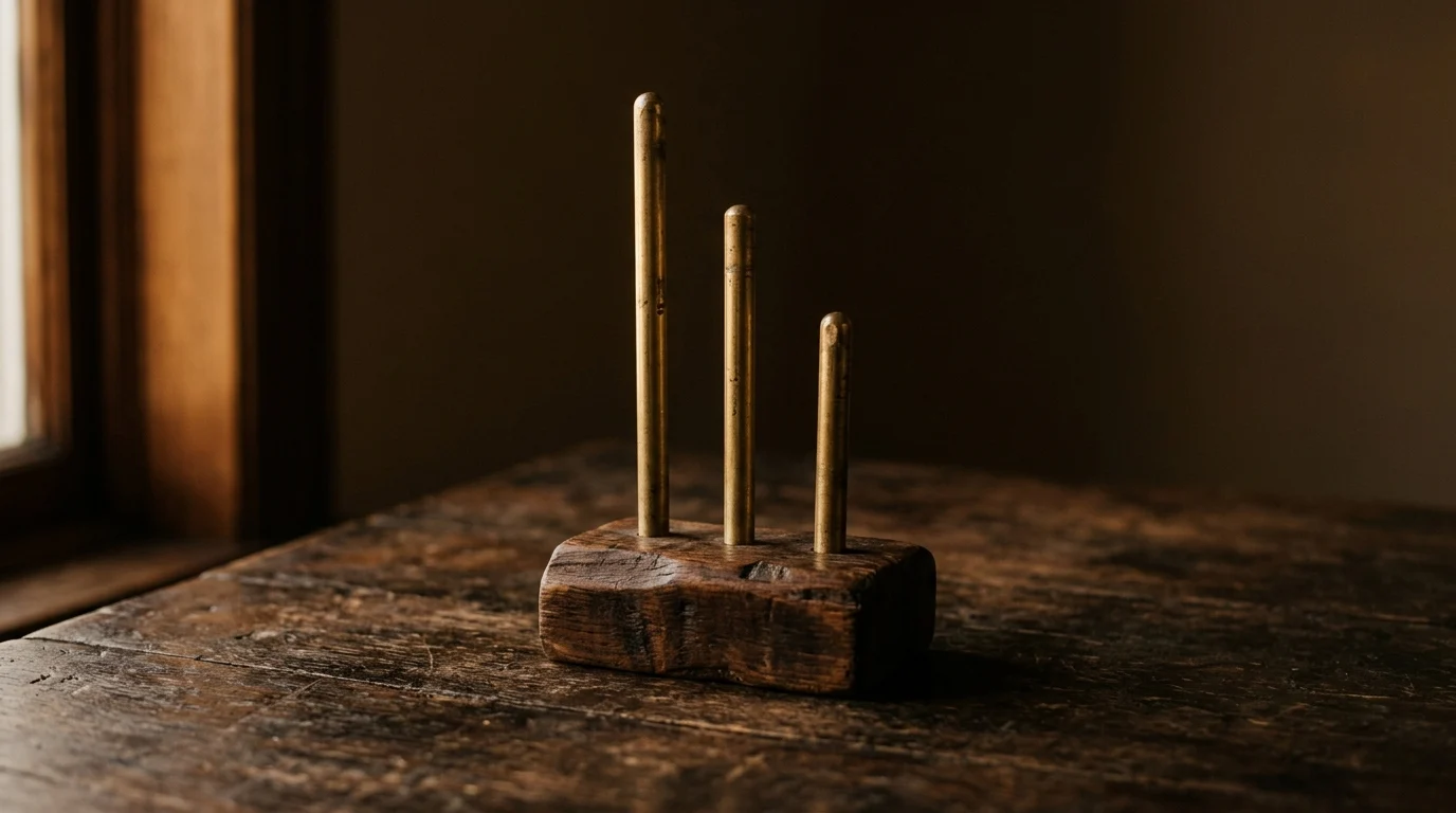 Three brass filing rods of different lengths standing upright in a wooden base