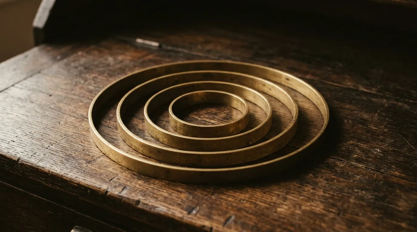 Four concentric brass rings of increasing diameter laid one inside another