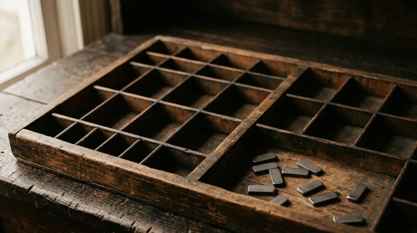 A compositor's type case tray with empty compartments and blank metal slugs