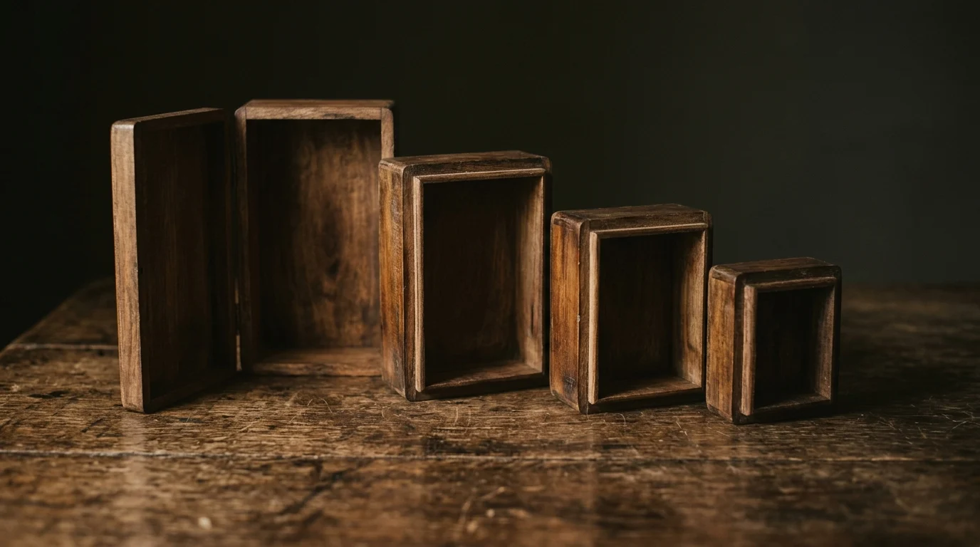 Four wooden nesting boxes separated and standing open in a descending row