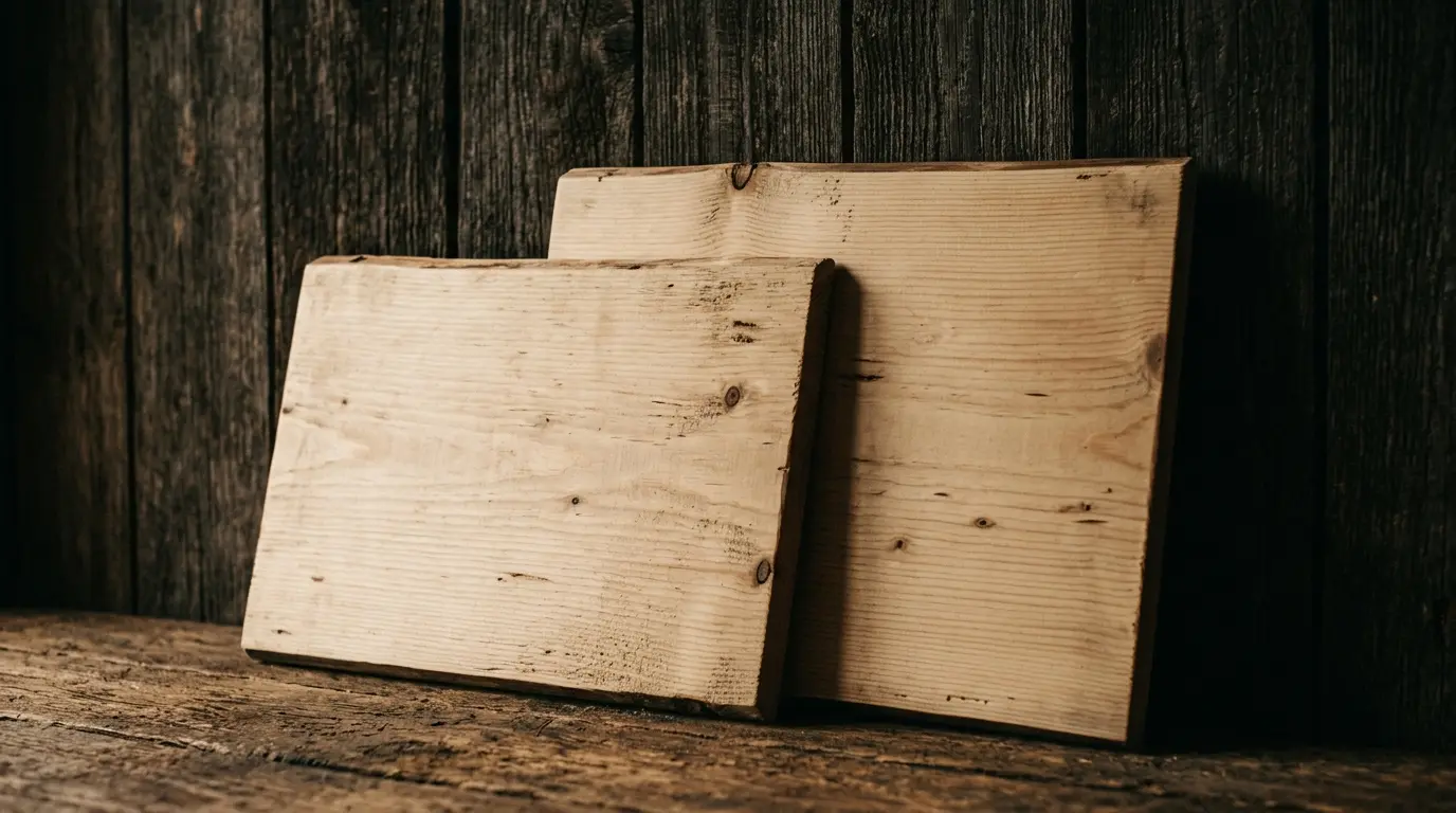 Two blank wooden signboard blanks leaning against a dark wall