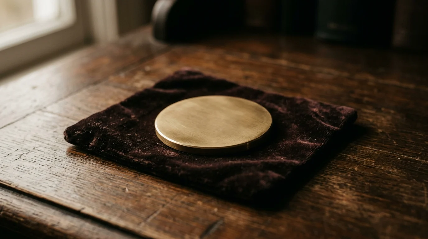 A blank brass medal with no device struck on it lying on dark velvet
