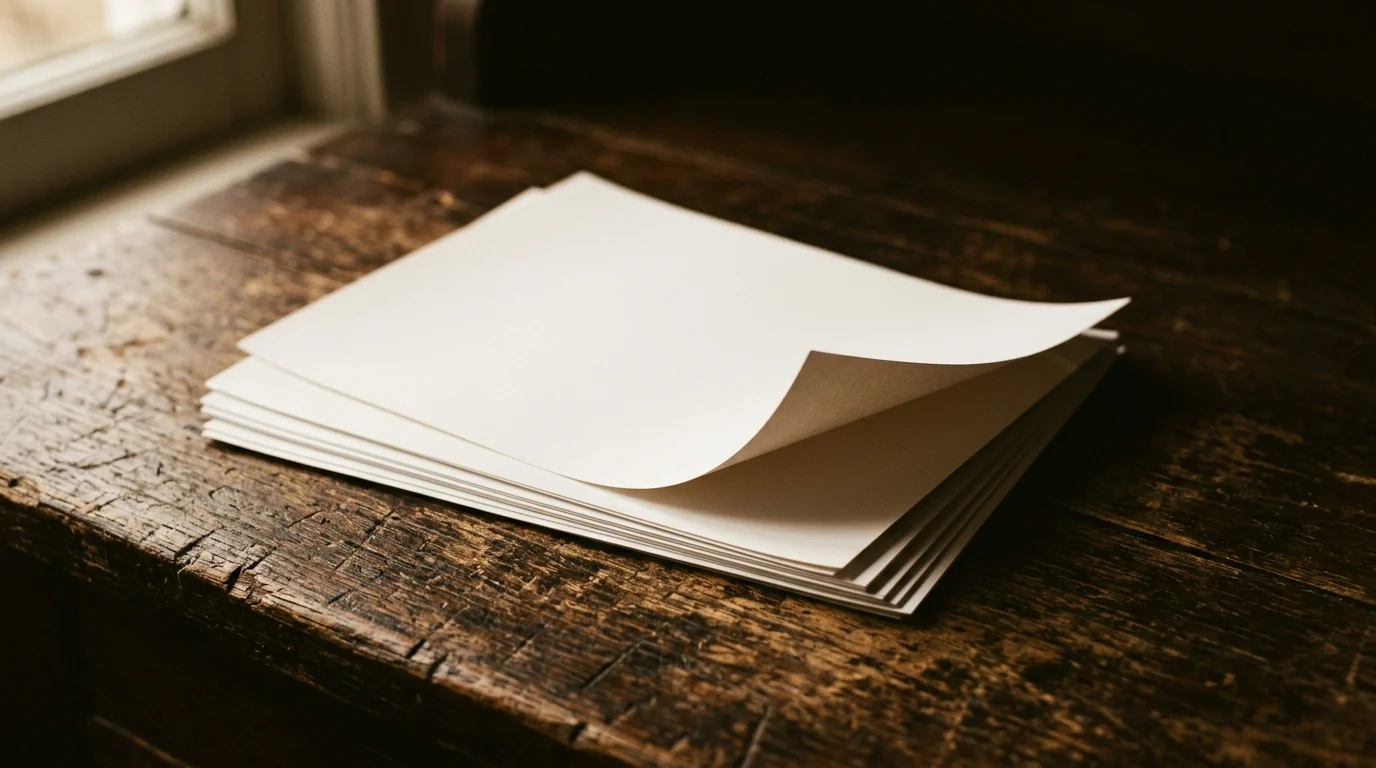 A stack of blank photographic prints, the top one curling at a corner