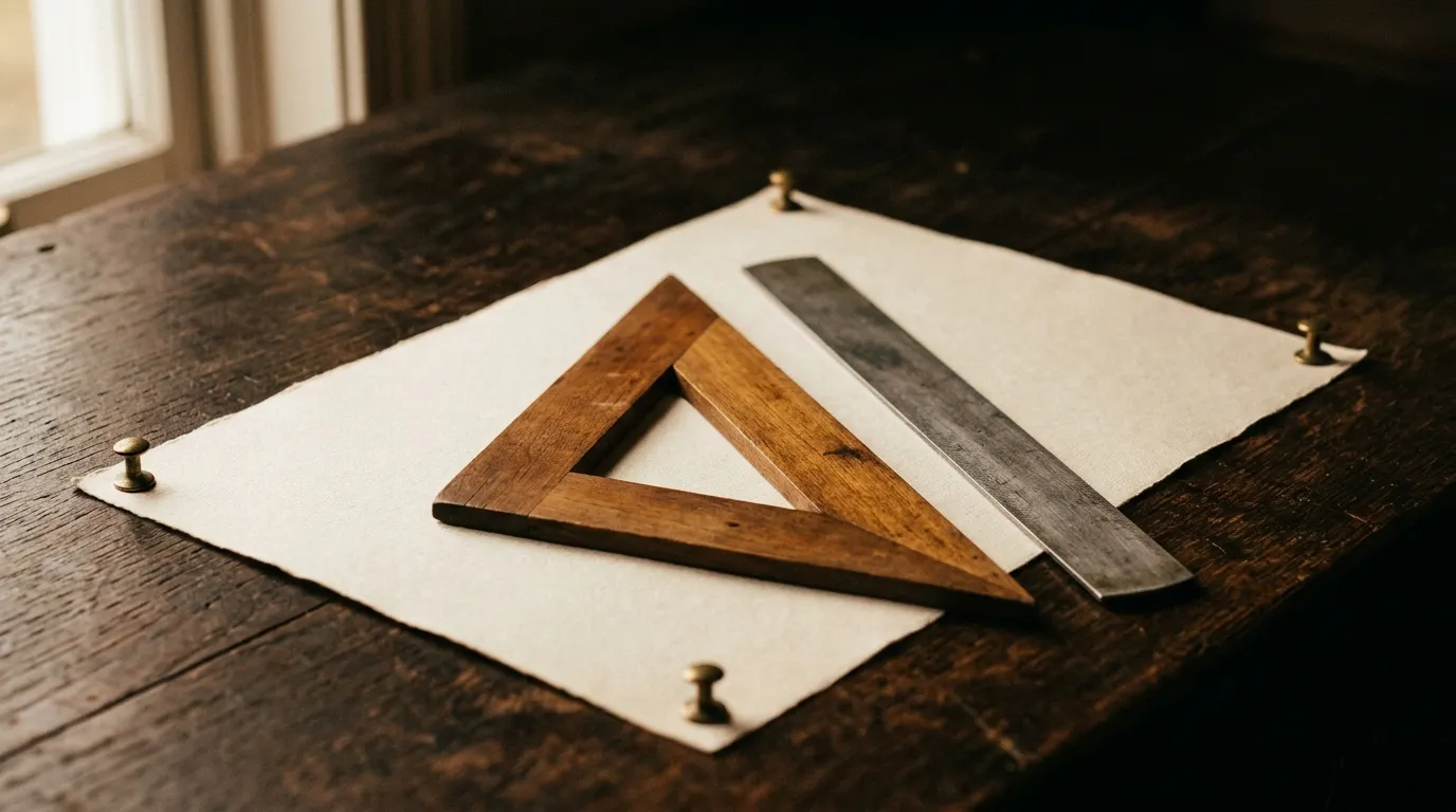 A wooden set square and steel straight-edge on a blank sheet pinned with brass drawing pins