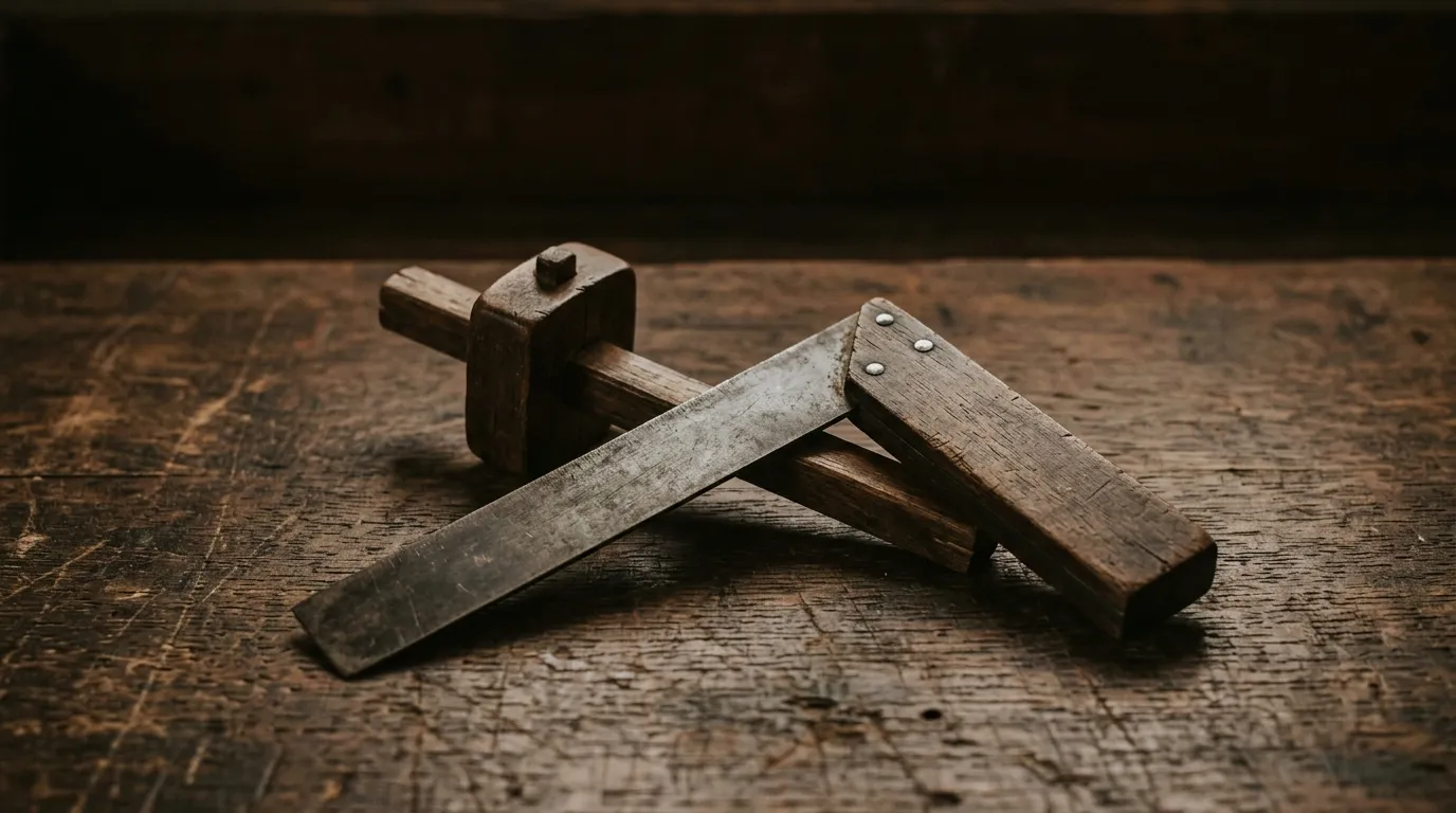 A carpenter's marking gauge and a steel try square lying crossed