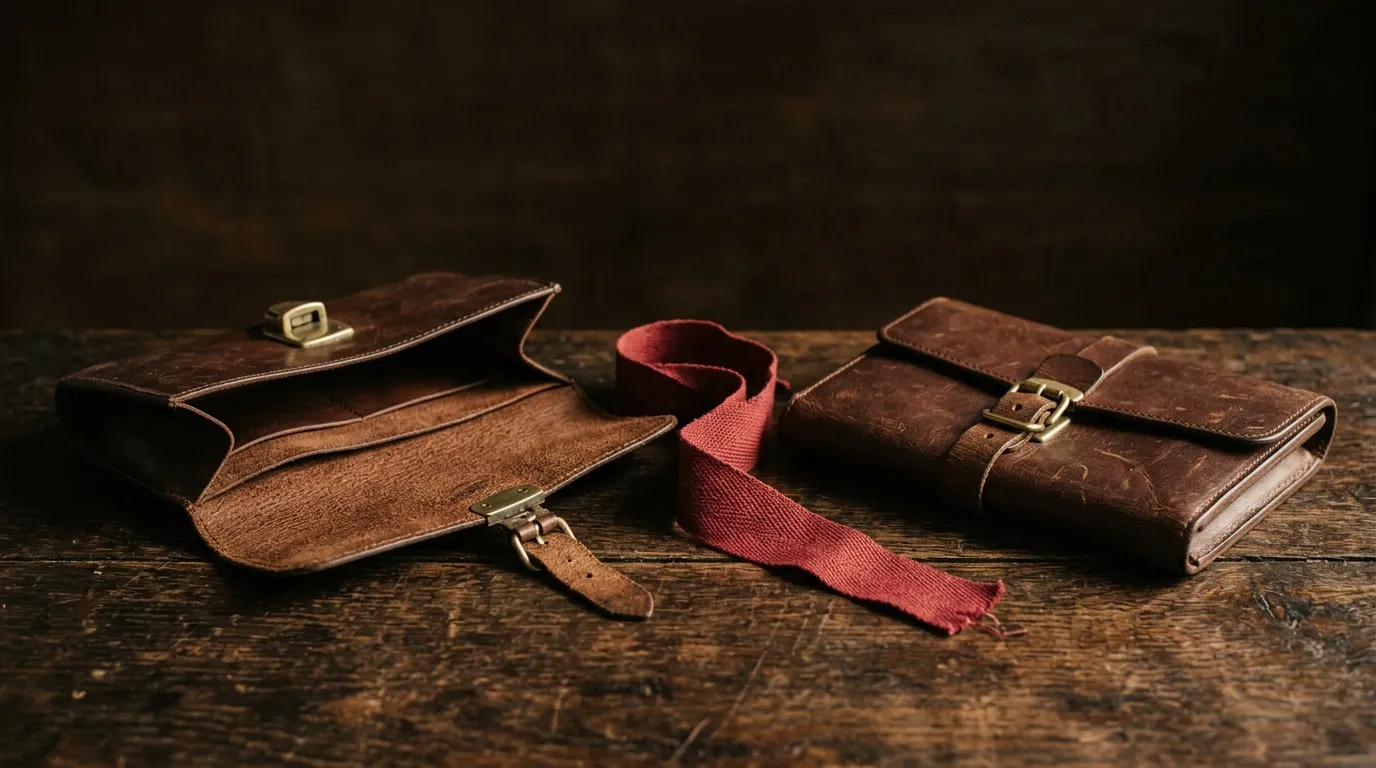 Two leather document wallets with brass clasps lying side by side with red cloth tape between them