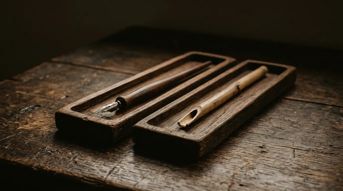 Two wooden pen trays side by side, one holding a steel dip pen and one a reed pen