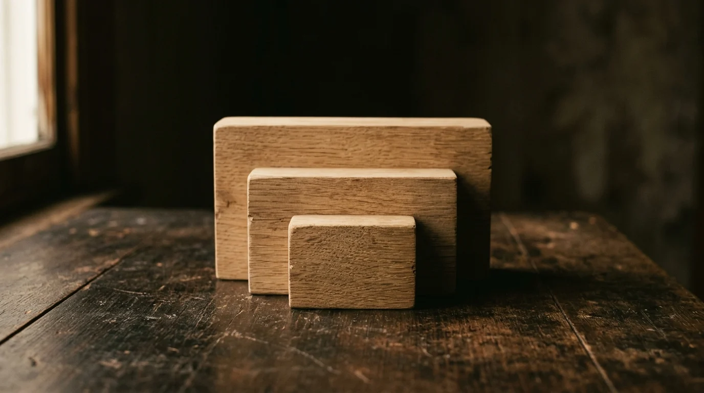 Three plain wooden blocks of increasing size arranged one in front of another