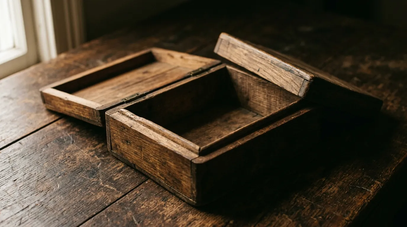 An open wooden box with its lid off and its bare inner walls visible