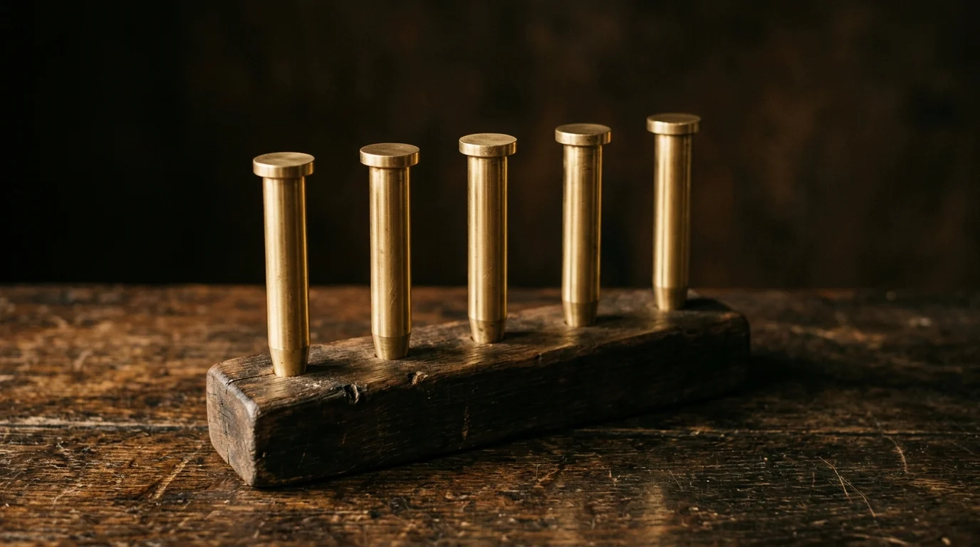 Five brass survey pegs of equal height standing upright in a wooden block