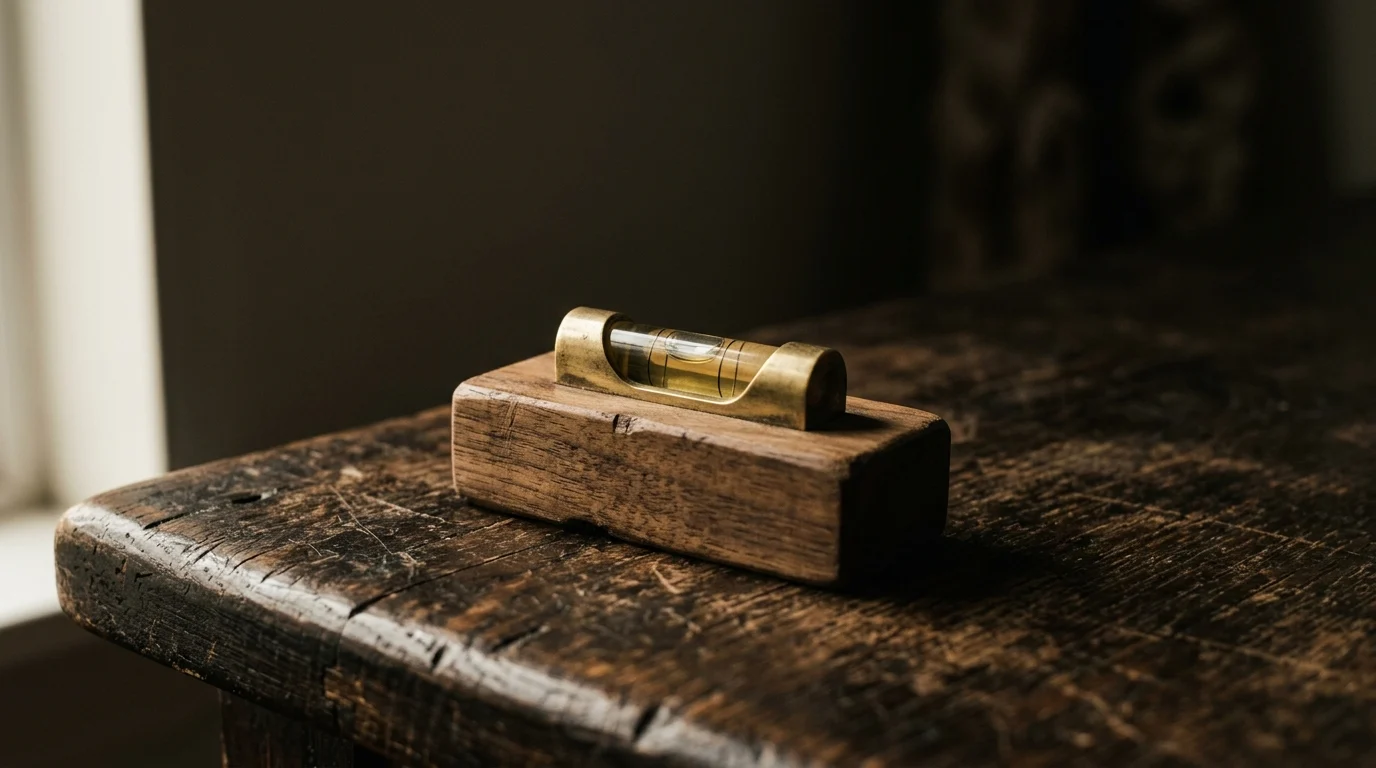 A brass spirit level bubble vial set into a small wooden block