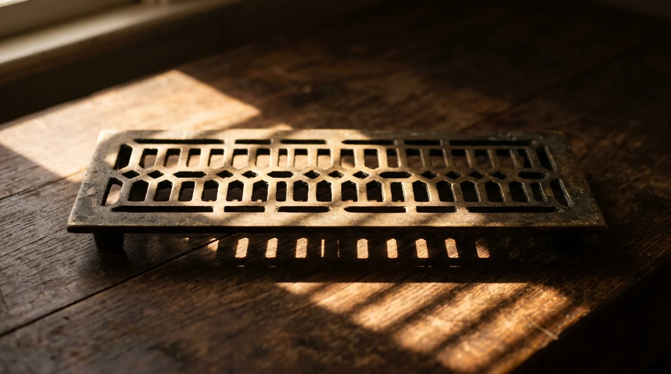 A cast brass ventilation grille lying flat with light falling through its slots