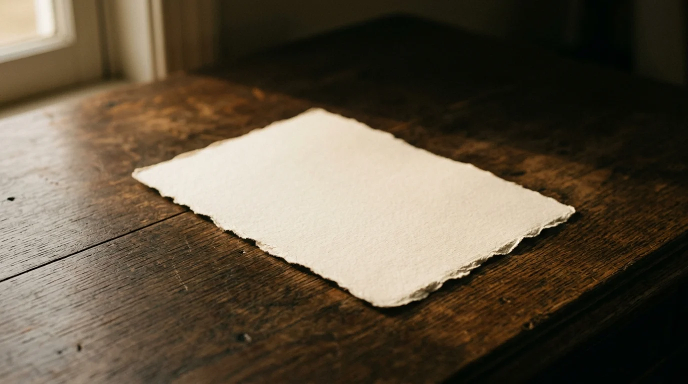 A single deckle-edged blank sheet lying alone in a pool of warm light
