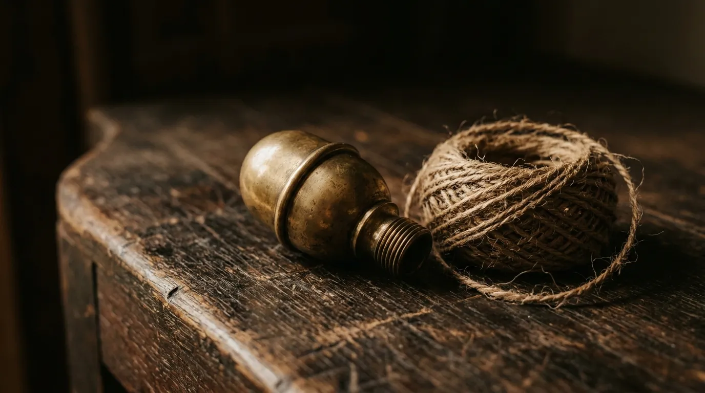 A plain brass signpost finial lying on its side beside a coil of twine