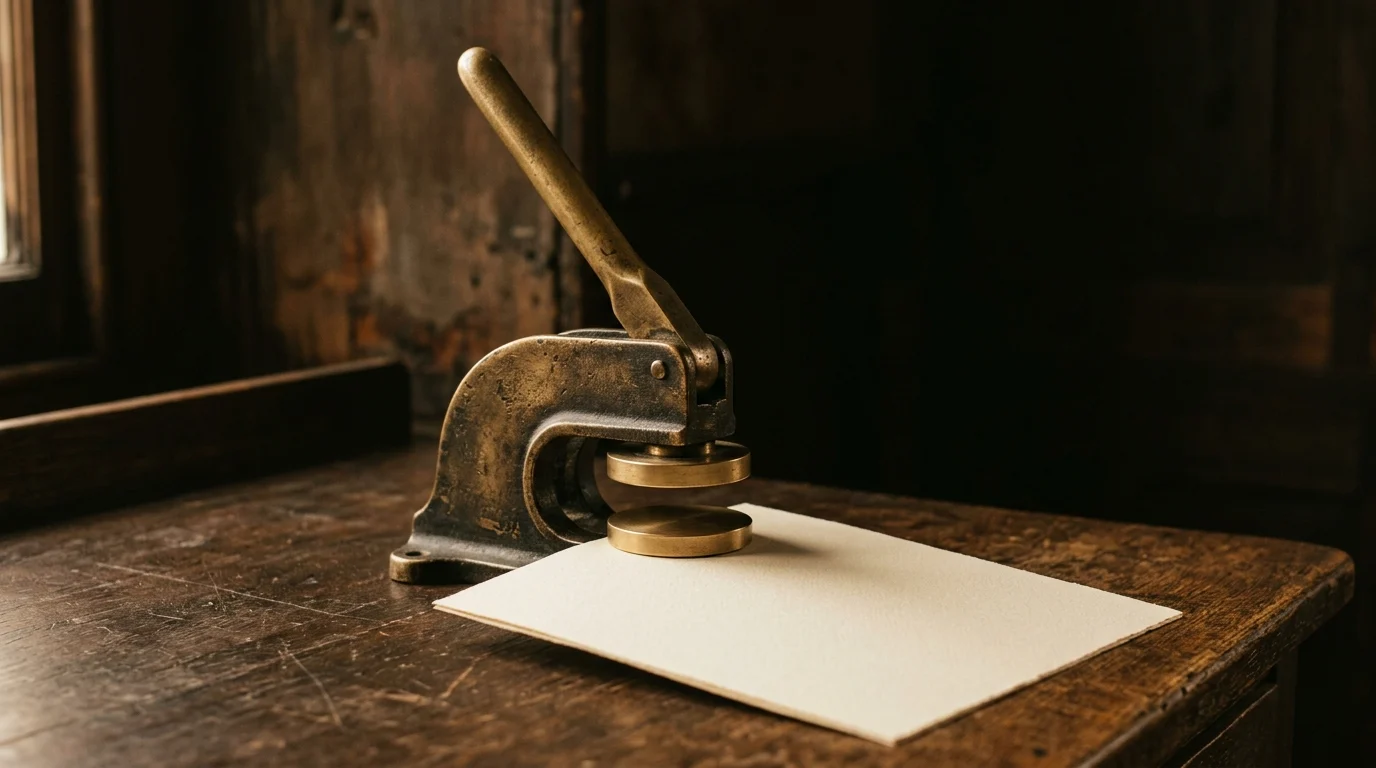 A brass embossing seal press standing closed with blank paper beneath it