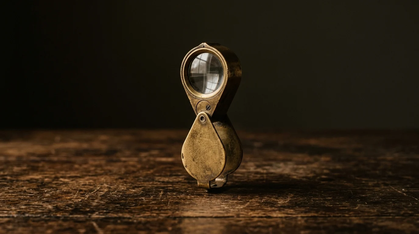 A brass eyeglass loupe standing upright on a dark wooden surface
