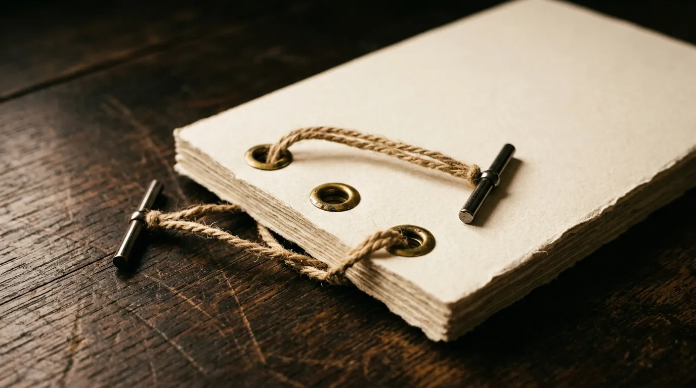 Brass eyelets and a treasury tag threaded through the corner of a blank paper bundle