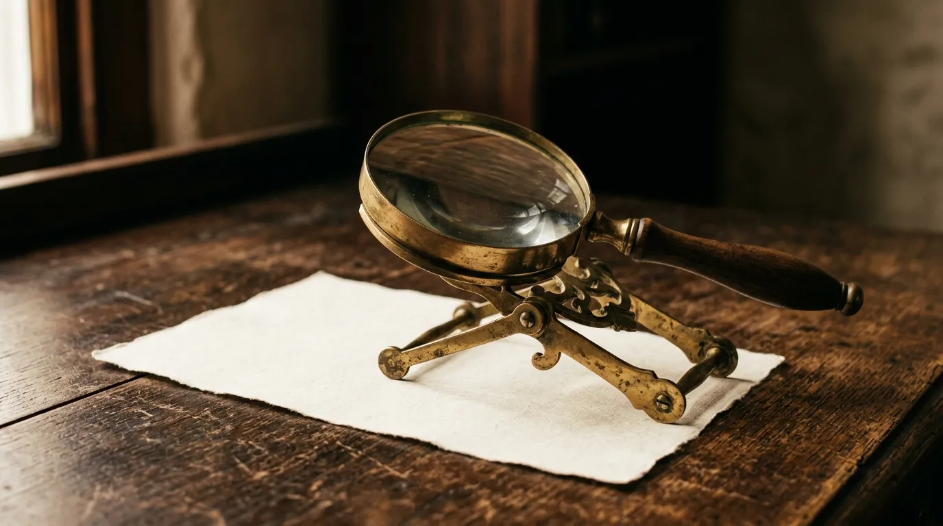 A magnifying glass on a folding brass stand resting over a blank sheet