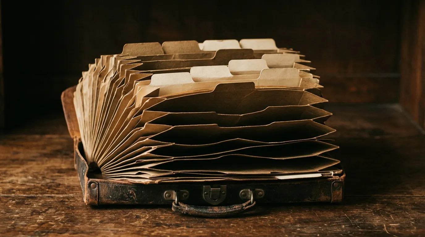 A concertina accordion file standing open like a fan with empty pockets