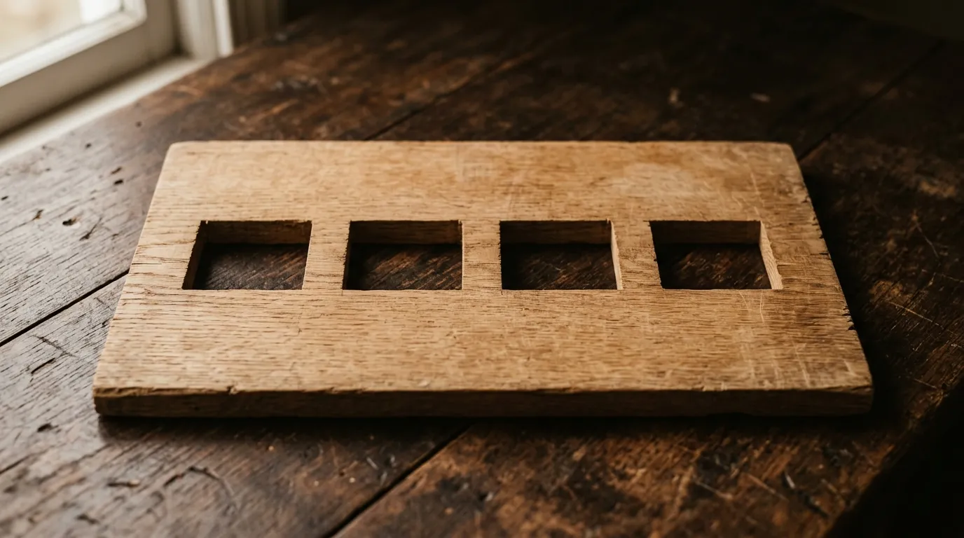 Four square gaps cut into a plain wooden board