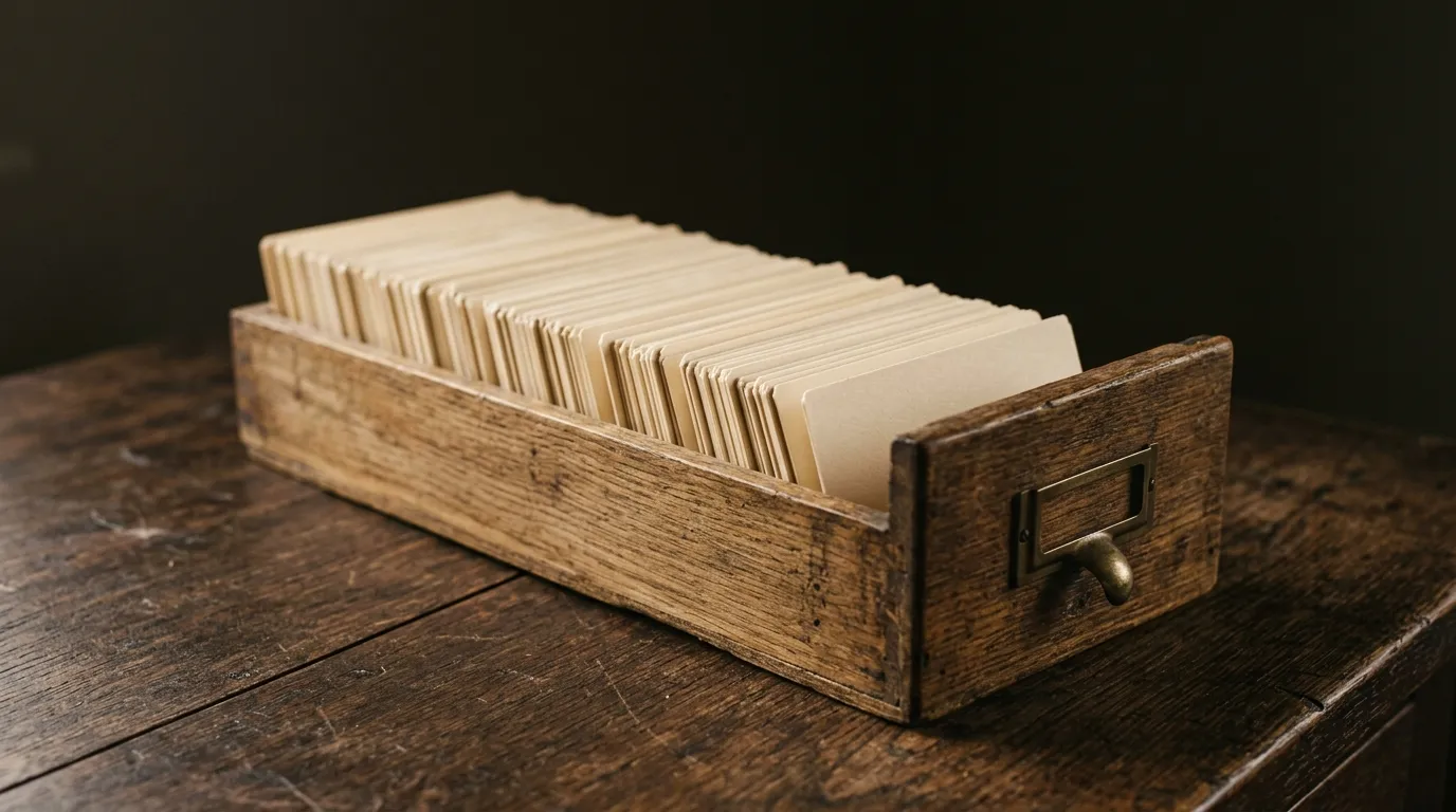 A wooden card-index drawer set on a desk with blank buff cards standing upright