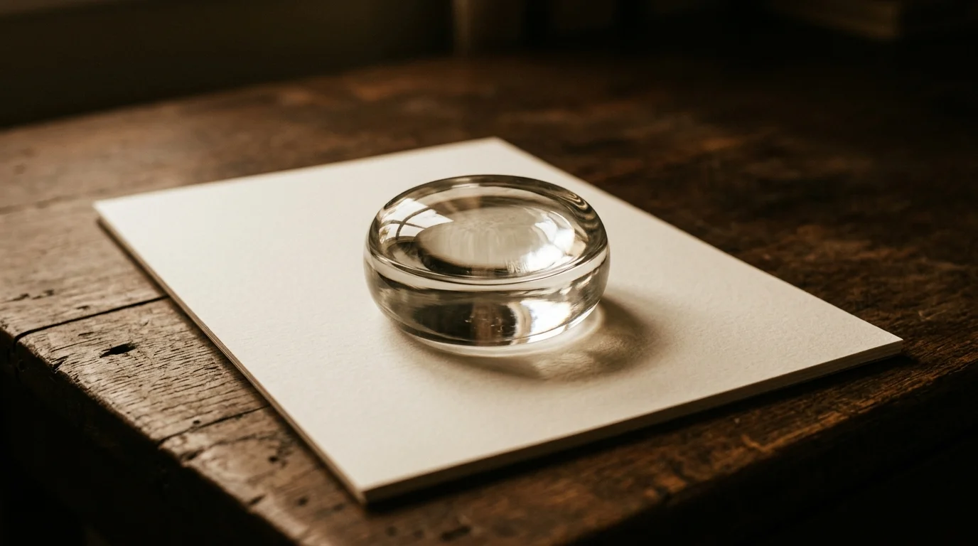 A heavy glass paperweight resting on a single blank sheet