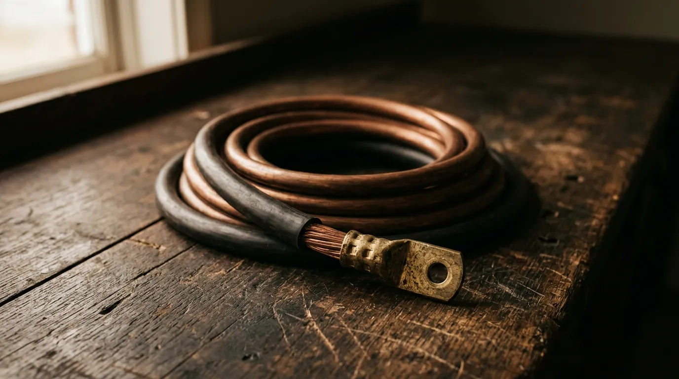 A heavy coiled copper cable with a brass terminal lug on a workbench