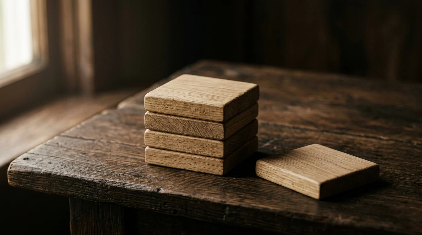 A stack of four plain wooden tiles beside a single tile of the same size